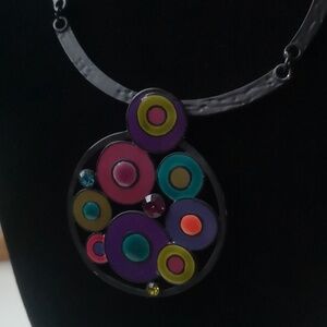 Lovely Artisan Statement Enamel Black Metal Pendant Necklace Multi-colour Disks